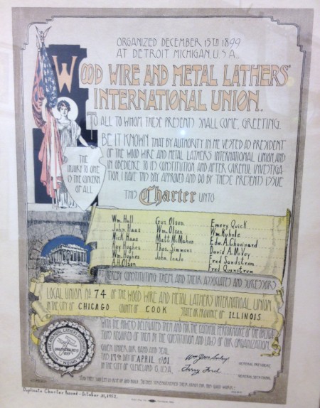 Image of the original charter for the Chicago wood, wire and lather's union from 1901