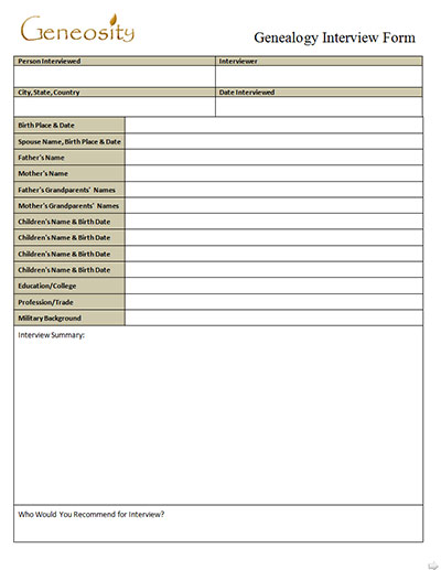 Genealogy Interview Form Record - Free Microsoft Word Download