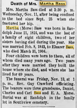 Martha Bass Obituary 1904